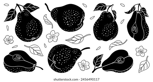 Pear silhouettes set. Minimalistic simple fruit element. Whole and Sliced pears with seeds, flowers and leaves. Isolated on a white background. Black silhouettes vector illustration