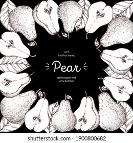 Pear sketch frame, hand drawn illustration. Pear vector illustration. Pear design template . Vintage frame.