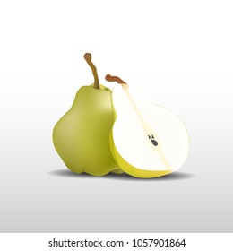 Pear and slice isolated on white realistic vector illustration.