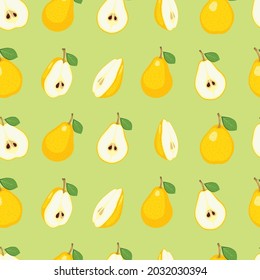 Pear and Slice with leaf isolated on green background.