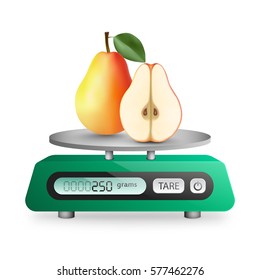 Pear and slice on green digital scale vector