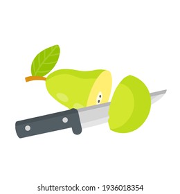 Oso. Fruta verde rebanada. Cuchillo de cocina. Dulces postres. Ingredientes veganos naturales. Ilustración de caricatura plana