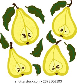 Pear slices. Vector grainy set of texture elements, cartoon style, doodle, grunge texture, colored pencil, old paint, crayon, pastel, pencil. Vector collection.