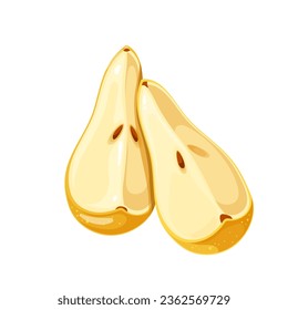 Pear slices vector illustration. Cartoon isolated two quarters of ripe organic fruit with core, pulp and skin, yellow chopped pear cut into wedges to eat fruity dessert, summer vegetarian diet