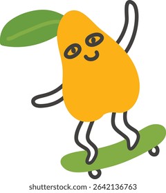 A pear with a smiling face rides a skateboard in a playful cartoon style. The cheerful fruit balances on the board with dynamic movement. Cartoon vector illustration.