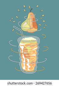 Pear smoothie or juice. Design element for cafe or restaurant with energetic fresh drink.  Organic raw shake. Rotating glass.