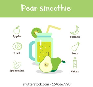 Pear smoothie recipe. Collection of tasty healthy drink in glass. Fruit detox beverage for breakfast. Tasty ingredient. Vector illustration in cartoon style isolated