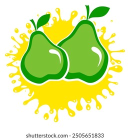 Pear in splash. Transparent pear juice splashing with drops. Fresh fruit with juicy splashes. Vector design. Fruit logo design fresh fruits. Raw  green pear fruit. Summer clipart for card, banner.