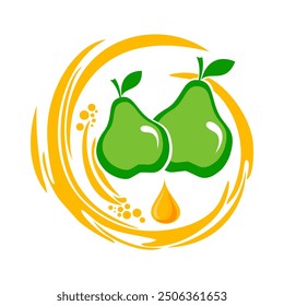 Pear in splash. Transparent pear juice splashing with drops. Fresh fruit with juicy splashes. Vector design. Fruit logo design fresh fruits. Raw green pear fruit.  Summer clipart for card, banner.