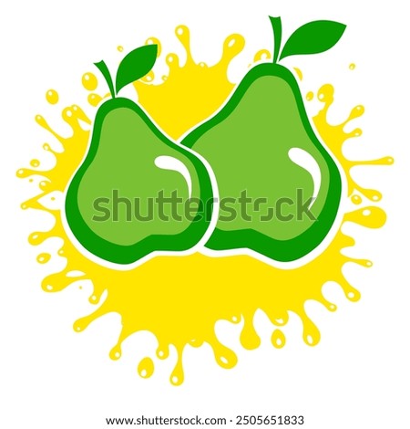 Pear in splash. Transparent pear juice splashing with drops. Fresh fruit with juicy splashes. Vector design. Fruit logo design fresh fruits. Raw  green pear fruit. Summer clipart for card, banner.