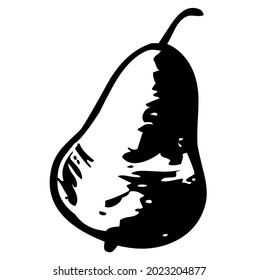 Pear with stalk, fruit, vector, illustration in black and white color, isolated on white background 