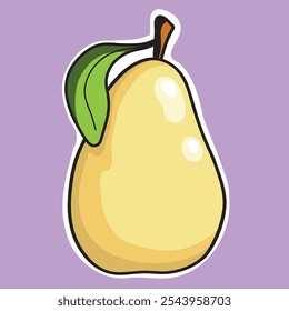 Pear with stem and leaf. Vector sticker in comics style with contour. Decoration for greeting cards, posters, patches, prints for clothes, label.