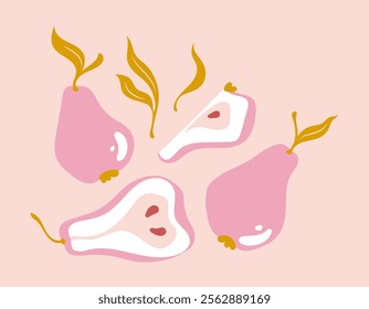 Pear sticker set. Fruity hand drawn print illustration. Delicate pink design. Summer harvest.