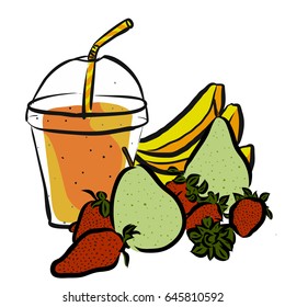 Pear Strawberrie Banana Smoothie, Colored Artwork separated on White, Fresh Food Collection, Handdrawn Clean Summer Sketch