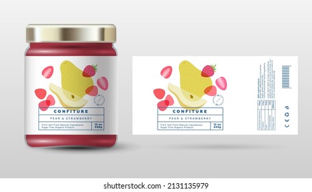 Pear and strawberry confiture. Sweet jam. Transparent slices, halves and cut fruits. Label and packaging simple design.