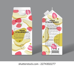 Pear and Strawberry juice. Detox, healthy mix. Template packaging design. Transparent Pear, half and slices and Red Berries.