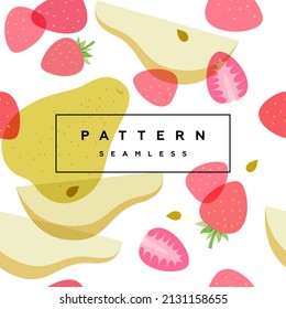 Pear and strawberry seamless pattern. Fruits and berries background. Transparent berries, fruits and frame with text is on separate layer. Label and packaging simple design.