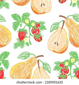 Pear and strawberry sketch pattern. Hand drawn vector illustration. Pen or marker doodle fruit