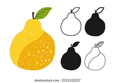 Zeichentricksatz mit Birnensymbol. Juicy ganze reife gelbe Birne lineares Doodle-Symbol. Abstrakte flache handgezeichnete Frucht. Schild stilisierte einfache niedliche lustige lineare Kunst für Kinder. Vektorgrafik-Clipart