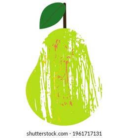 Pear textured single element on a white background. Isolated stock vector illustration. Abstract green pear with a leaf.