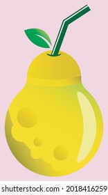 A pear that forms a lamp complete with leaves on it and a straw that can be used as a beverage business logo