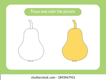 Pear. Trace and color the picture. Educational game for children. Handwriting and drawing practice. Food theme activity for toddlers, kids.