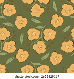 Pear tree flowers watercolor seamless pattern on the pale green background. Hand drawn floral illustration of white small flower for rustic fabric and paper design.