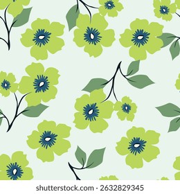 Pear tree flowers watercolor seamless pattern on the pale green background. Hand drawn floral illustration of white small flower for rustic fabric and paper design.