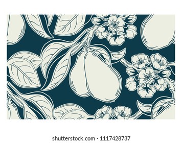 Pear tree garden seamless pattern with fruits and flowers in vintage retro Victorian style two colors wallpaper or fabric print