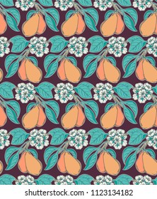 Pear tree garden seamless pattern with fruits and flowers in vintage retro Victorian style color wallpaper or fabric print vector illustration