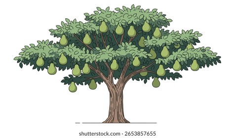 Uma pereira carregada de frutas maduras em um pomar verdejante sob um céu azul claro