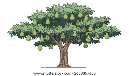 A pear tree laden with ripe fruit in a verdant orchard under a clear blue sky