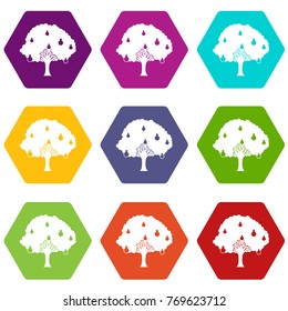 Pear tree with pears icon set many color hexahedron isolated on white vector illustration
