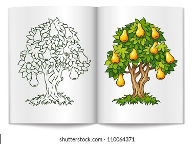 pear tree with ripe fruits on book spread vector illustration isolated on white background