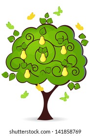 pear tree with yellow ripe fruit butterflies fly around