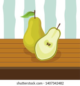 pear tropical fruits on wooden table vector illustration