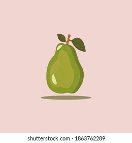 Pear with two leaves  illustration  with texture. Vector isolated image on llight pink background. Fresh fruit siilhouette. For textile, T-short, poster, hoodie, cosmetic.