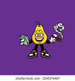 pear vector character cartoon mascot smoking blunt from weed flower bud nug cannabis and money