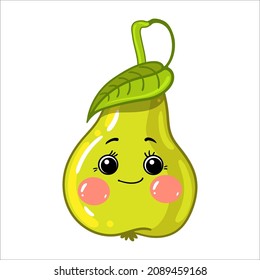 Pear vector flat cartoon character illustration. Funny happy cute happy little icon for kids. Isolated on a white background.