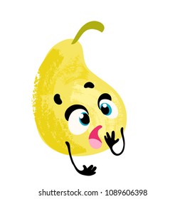 Pear. Vector funny fruit, cartoon character with face and hands