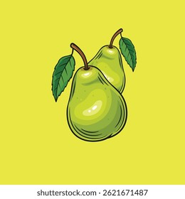 Pear vector with green color on yellow background, can be used as a healthy fruit illustration for health products or juice, can also be used for children's learning as a poster or sticker