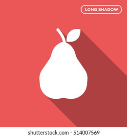 Pear vector icon on red background, berry with long shadow