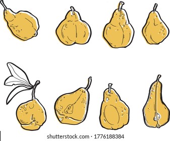 Pear vector illustration, graphic element, line art and color. Lino cut imitation.