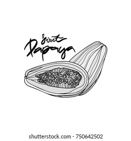 Pear vector illustration on transparent background.  Hand drawn lettering - "Papaya". 
