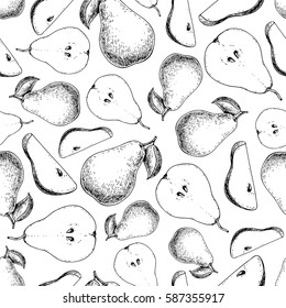 Pear vector seamless pattern. Hand drawn full and sliced pieces background.  Summer fruit engraved style illustration. Detailed vegetarian food drawing. 