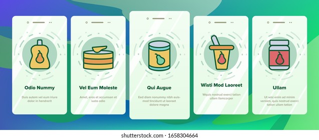Pear Vitamin Fruit Onboarding Icons Set Vector. Pear Sliced Pieces And Healthy Drink Juice, Fresh And Pickles, Tree And Harvest Illustrations