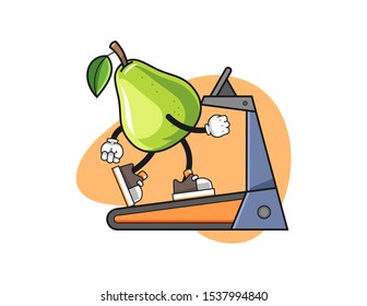 Pear walking on treadmill cartoon. Mascot Character vector.