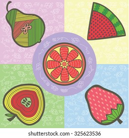 Pear, watermelon, strawberry, apple and orange on colorful background