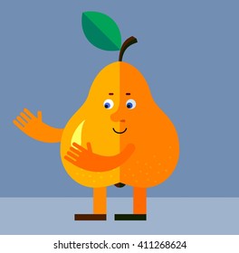 Pear with welcome hands. Flat style vector illustration. Funny cartoon character for agriculture or food design