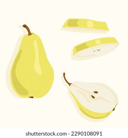 Birnen ganz, in halben und runden Scheiben geschnitten. Vektorsymbole zum Thema Essen. saftige Sommerfrüchte.